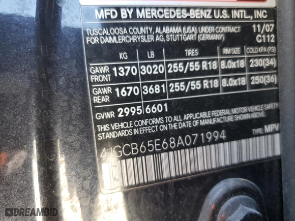 2008 Mercedes-Benz R-Class 3.5L with VIN 4JGCB65E68A071994, listed as a Copart auction lot 75475864 with 147,510 mi miles and Salvage Title. Bid and sale history available at carsss.com. Image 13.