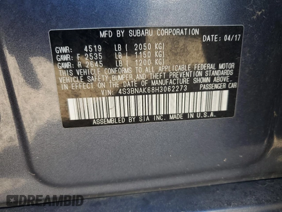 2017 Subaru Legacy Limited with VIN 4S3BNAK68H3062273, listed as a Copart auction lot 55971175 with 84,009 mi miles and Salvage title. Bid and sale history available at DreamBid. Image 13.