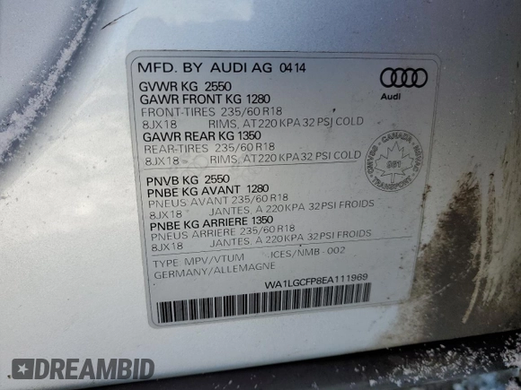2014 Audi Q5 with VIN WA1LGCFP8EA111969, listed as a Copart auction lot 42185205 with 103,199 mi miles and Salvage title. Bid and sale history available at DreamBid. Image 12.