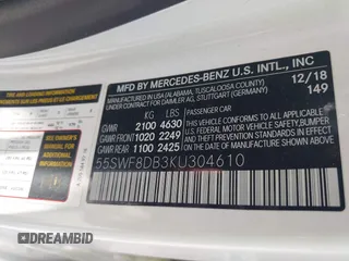 2019 Mercedes-Benz C 300 with VIN 55SWF8DB3KU304610, listed as a IAAI auction lot 42318044 with 92,854 mi miles and . Bid and sale history available at DreamBid. Image 9.