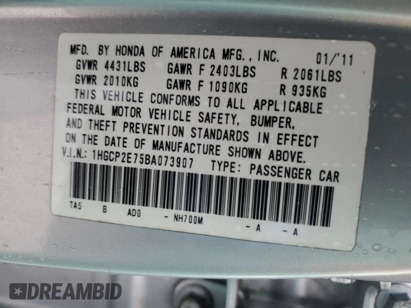 2011 Honda Accord EX with VIN 1HGCP2E75BA073907, listed as a Copart auction lot 82628814 with 131,091 mi miles and Salvage title. Bid and sale history available at DreamBid. Image 13.