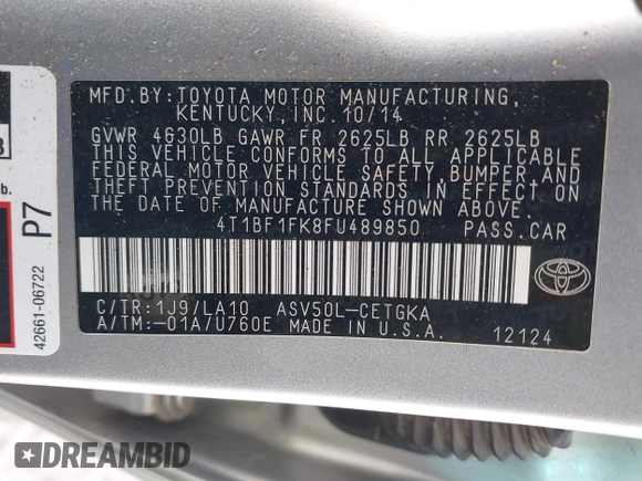 2015 Toyota Camry XLE with VIN 4T1BF1FK8FU489850, listed as a IAAI auction lot 41555007 with 182,206 mi miles and . Bid and sale history available at DreamBid. Image 9.