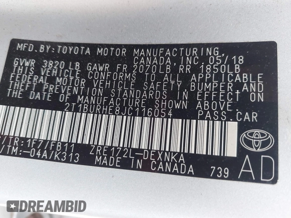 2018 Toyota Corolla L with VIN 2T1BURHE8JC116054, listed as a IAAI auction lot 42450016 with 65,342 mi miles and . Bid and sale history available at DreamBid. Image 9.