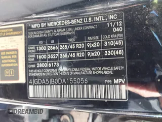 2013 Mercedes-Benz M 350 with VIN 4JGDA5JB0DA155056, listed as a IAAI auction lot 41807470 with 145,927 mi miles and . Bid and sale history available at DreamBid. Image 9.