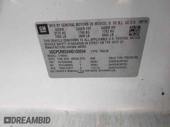2017 Chevrolet Silverado 1500 LT with VIN 3GCPCREC6HG193694, listed as a IAAI auction lot 41787642 with 1 mi miles. Bid and sale history available at carsss.com. Image 9.