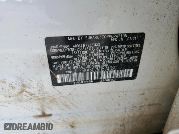 2021 Subaru Forester Limited с VIN JF2SKASC2MH574091, выставлен на аукционе Copart как лот 42532895 с пробегом 49 919 миль миль и Списание • Salvage title. История ставок и продаж доступна на DreamBid. Изображение 15.