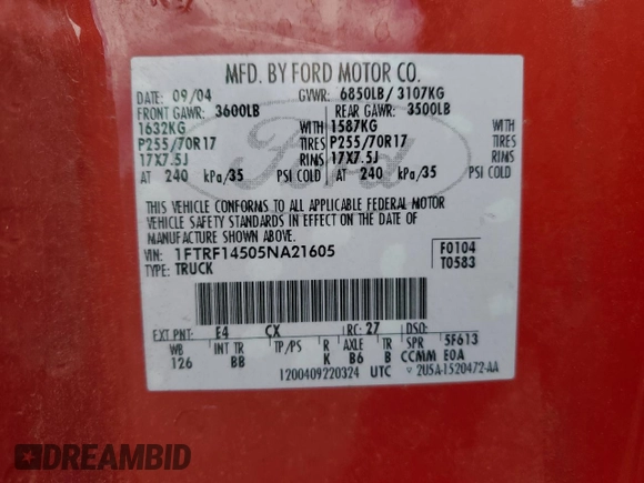 2005 Ford F-150 XL with VIN 1FTRF14505NA21605, listed as a Copart auction lot 81748944 with 206,317 mi miles and Salvage title. Bid and sale history available at DreamBid. Image 14.