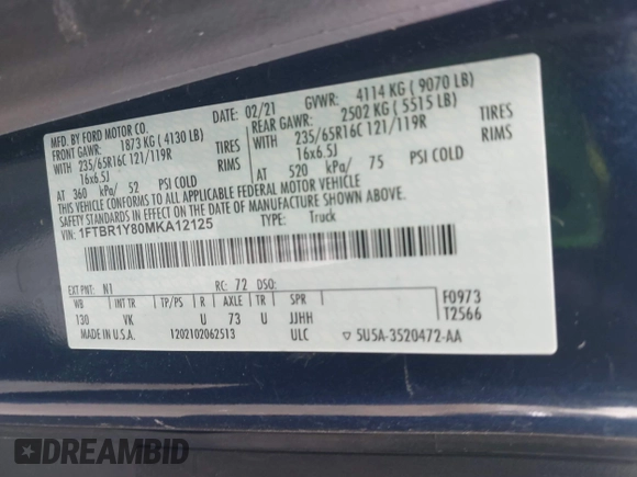 2021 Ford Transit Cargo with VIN 1FTBR1Y80MKA12125, listed as a IAAI auction lot 41773493 with 42,989 mi miles and . Bid and sale history available at DreamBid. Image 9.