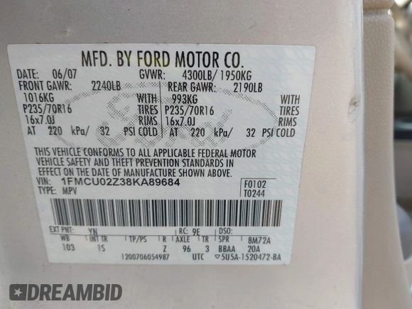 2008 Ford Escape XLS с VIN 1FMCU02Z38KA89684, выставлен на аукционе IAAI как лот 42429141 с пробегом 122 155 миль миль и . История ставок и продаж доступна на DreamBid. Изображение 9.