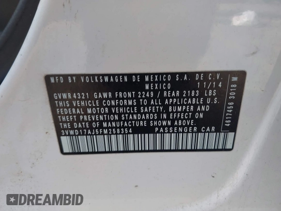 2015 Volkswagen Jetta SE with VIN 3VWD17AJ5FM258354, listed as a IAAI auction lot 42709041 with 191,338 mi miles and . Bid and sale history available at DreamBid. Image 9.