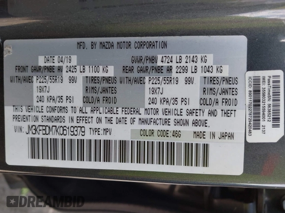 2019 Mazda CX-5 Grand Touring with VIN JM3KFBDM7K0619379, listed as a IAAI auction lot 42007107 with 209,590 mi miles. Bid and sale history available at carsss.com. Image 9.