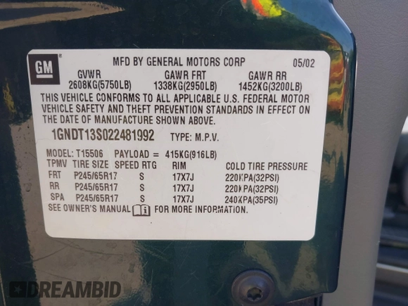2002 Chevrolet TrailBlazer LTZ with VIN 1GNDT13S022481992, listed as a IAAI auction lot 42105335 with 71,456 mi miles and . Bid and sale history available at DreamBid. Image 9.