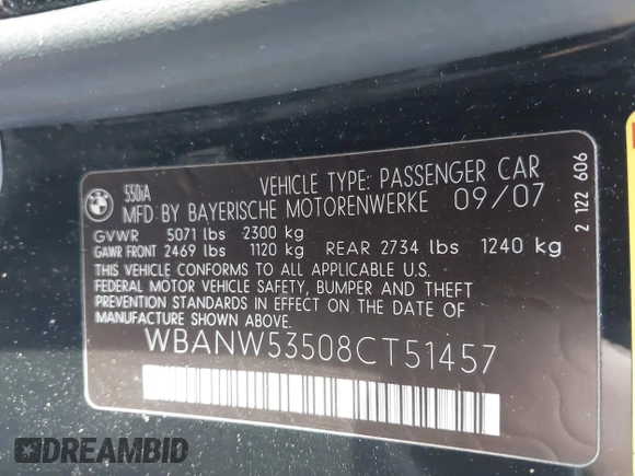 2008 BMW 5 Series 550i with VIN WBANW53508CT51457, listed as a IAAI auction lot 41103437 with 192,516 mi miles. Bid and sale history available at carsss.com. Image 9.