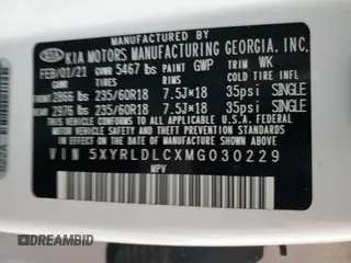 2021 Kia Sorento S with VIN 5XYRLDLCXMG030229, listed as a Copart auction lot 45949225 with 63,493 mi miles and Salvage Title. Bid and sale history available at DreamBid. Image 13.