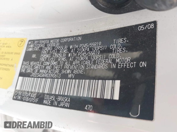 2008 Toyota Highlander Sport with VIN JTEES43A982090613, listed as a IAAI auction lot 42486898 with 129,300 mi miles and . Bid and sale history available at DreamBid. Image 9.