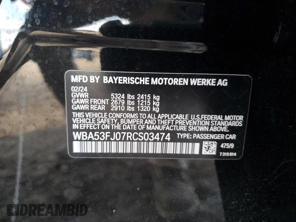 2024 BMW 5 Series 530i xDrive with VIN WBA53FJ07RCS03474, listed as a Copart auction lot 80010744 with 0 mi miles and Salvage Title. Bid and sale history available at carsss.com. Image 13.