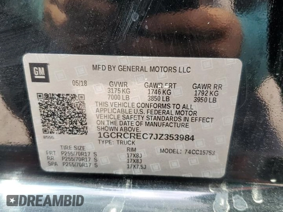 2018 Chevrolet Silverado 1500 LT with VIN 1GCRCREC7JZ353984, listed as a Copart auction lot 50528425 with 85,306 mi miles and Clean Title. Bid and sale history available at DreamBid. Image 12.