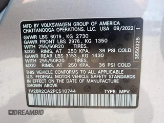 2023 Volkswagen Atlas SEL z VIN 1V2BR2CA2PC510744, wystawiony jako IAAI lot #42292142 z przebiegiem 20 612 mil mil oraz . Historia ofert i sprzedaży dostępna na DreamBid. Obrazek 9.