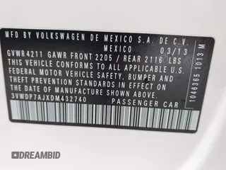 2013 Volkswagen Jetta SE with VIN 3VWDP7AJXDM432740, listed as a IAAI auction lot 42569834 with 118,659 mi miles and . Bid and sale history available at DreamBid. Image 9.