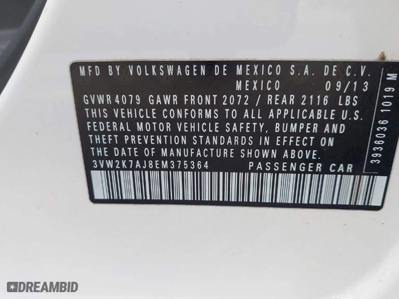 2014 Volkswagen Jetta Sedan S with VIN 3VW2K7AJ8EM375364, listed as a IAAI auction lot 41879370 with 117,259 mi miles. Bid and sale history available at carsss.com. Image 9.