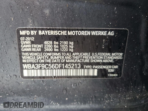 2013 BMW 3 Series ActiveHybrid 3 with VIN WBA3F9C56DF145213, listed as a Copart auction lot 79361574 with 0 mi miles and Salvage Title. Bid and sale history available at carsss.com. Image 13.