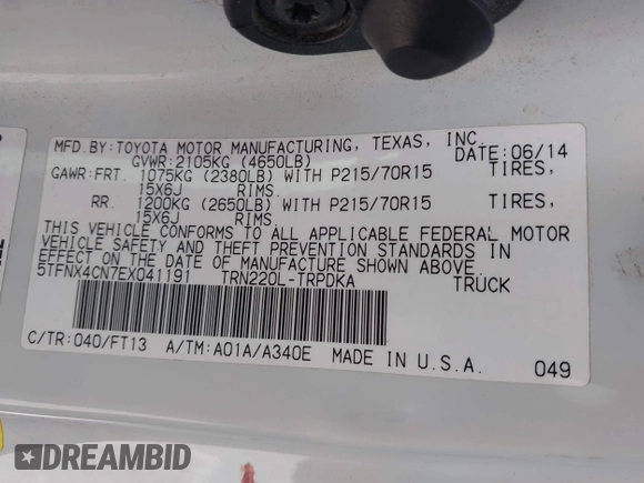 2014 Toyota Tacoma with VIN 5TFNX4CN7EX041191, listed as a IAAI auction lot 42141570 with 227,969 mi miles and . Bid and sale history available at DreamBid. Image 9.