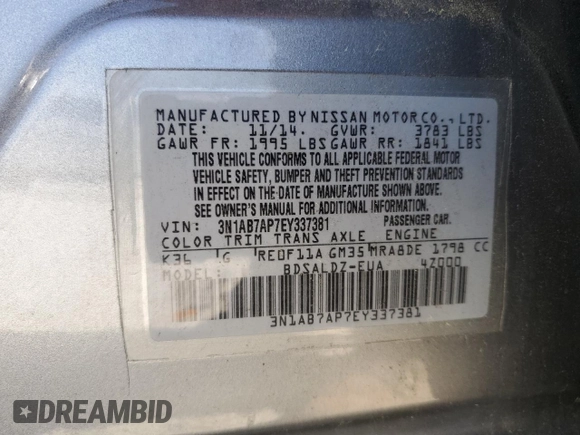 2014 Nissan Sentra S with VIN 3N1AB7AP7EY337381, listed as a Copart auction lot 54129985 with 187,972 mi miles and Salvage Title. Bid and sale history available at DreamBid. Image 12.