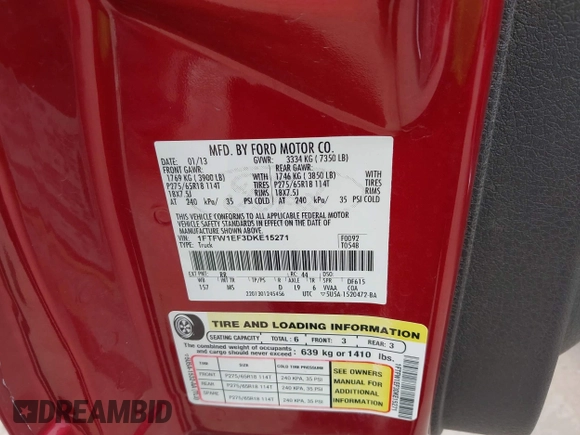 2013 Ford F-150 XL with VIN 1FTFW1EF3DKE15271, listed as a IAAI auction lot 42720294 with 230,822 mi miles and . Bid and sale history available at DreamBid. Image 9.