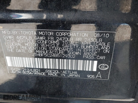2011 Lexus IS 250 with VIN JTHBF5C24B5129302, listed as a IAAI auction lot 42218001 with 195,210 mi miles and . Bid and sale history available at DreamBid. Image 9.