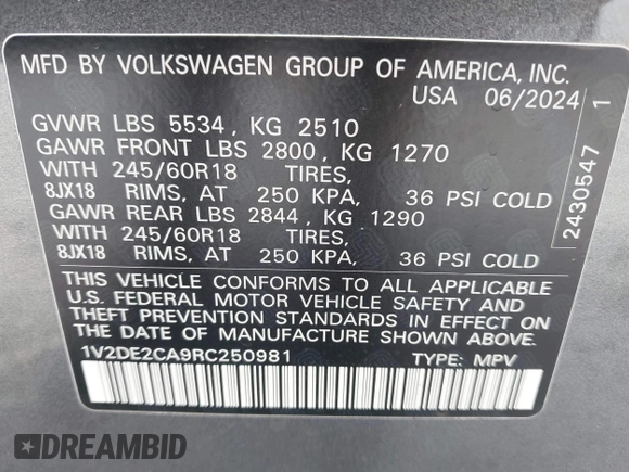 2024 Volkswagen Atlas SE with VIN 1V2DE2CA9RC250981, listed as a IAAI auction lot 41487466 with 10,021 mi miles and . Bid and sale history available at DreamBid. Image 9.