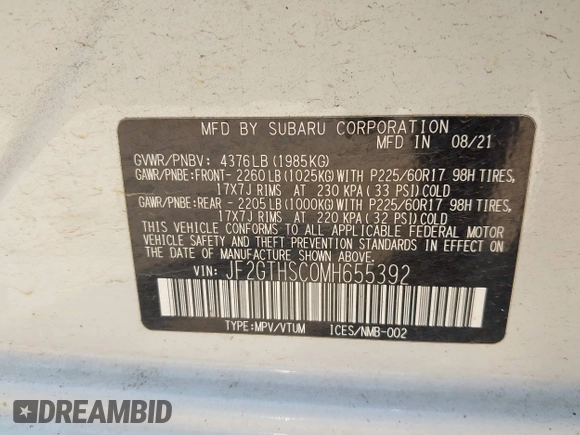 2021 Subaru Crosstrek Special Sports with VIN JF2GTHSC0MH655392, listed as a IAAI auction lot 42601160 with 93,385 mi miles and . Bid and sale history available at DreamBid. Image 9.