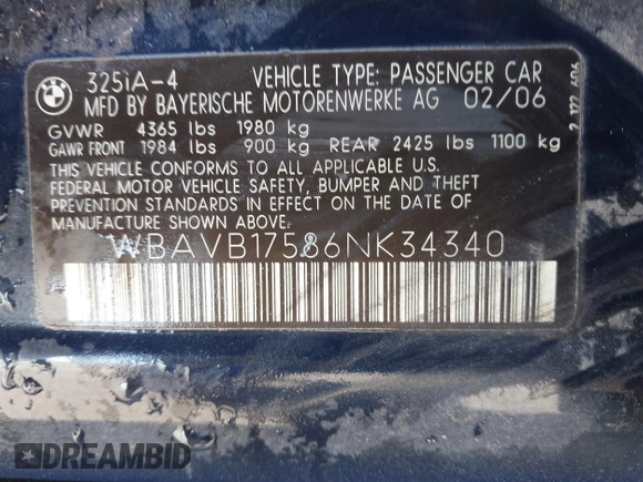 2006 BMW 3 Series 325i with VIN WBAVB17586NK34340, listed as a IAAI auction lot 41380590 with Not Provided miles. Bid and sale history available at carsss.com. Image 9.