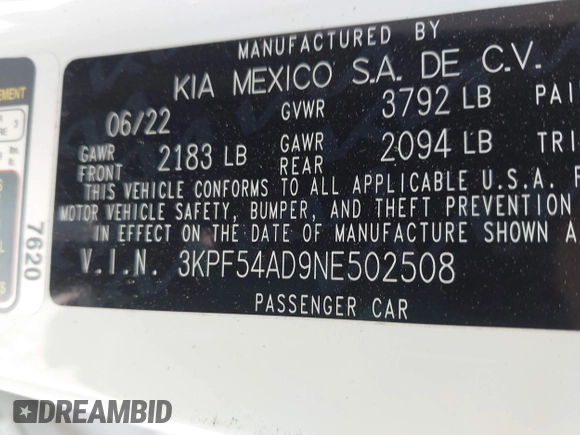 2022 Kia Forte GT-Line with VIN 3KPF54AD9NE502508, listed as a IAAI auction lot 42040553 with 31,652 mi miles and . Bid and sale history available at carsss.com. Image 9.