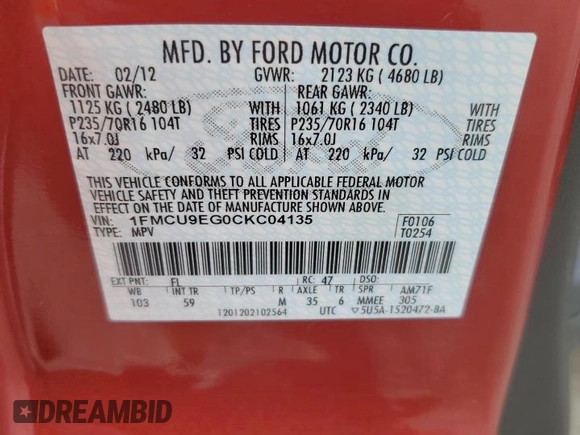 2012 Ford Escape Limited с VIN 1FMCU9EG0CKC04135, выставлен на аукционе Copart как лот 64675885 с пробегом 65 759 миль миль и Списание • Salvage title. История ставок и продаж доступна на DreamBid. Изображение 14.