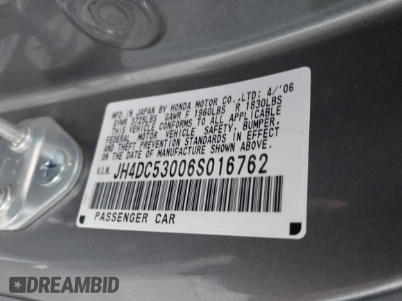 2006 Acura RSX Type-S Leather with VIN JH4DC53006S016762, listed as a IAAI auction lot 41781442 with Not Provided miles. Bid and sale history available at carsss.com. Image 9.