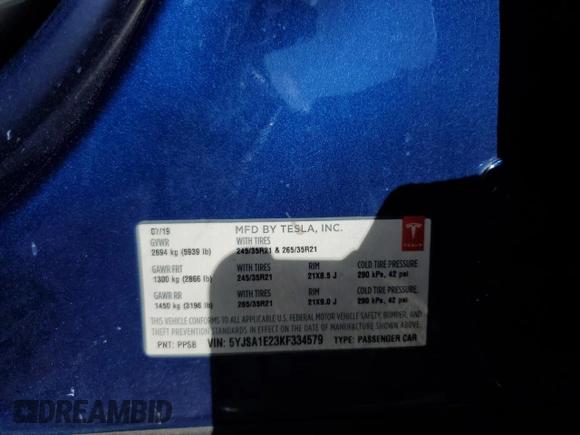2019 Tesla Model S 75D с VIN 5YJSA1E23KF334579, выставлен на аукционе Copart как лот 56935615 с пробегом Не указан миль и Списание • Salvage title. История ставок и продаж доступна на DreamBid. Изображение 12.
