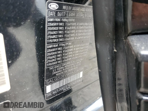 2017 Land Rover Range Rover HSE with VIN SALGS2FV9HA358168, listed as a Copart auction lot 58549255 with 140,763 mi miles and Salvage title. Bid and sale history available at DreamBid. Image 13.