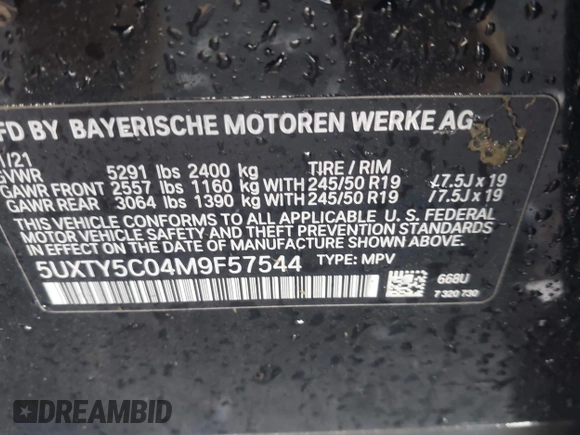 2021 BMW X3 xDrive30i with VIN 5UXTY5C04M9F57544, listed as a IAAI auction lot 41523775 with Not Provided miles and . Bid and sale history available at DreamBid. Image 9.