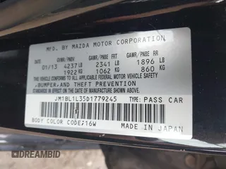 2013 Mazda 3 Mazdaspeed3 Touring with VIN JM1BL1L35D1779245, listed as a IAAI auction lot 42522219 with 85,503 mi miles and . Bid and sale history available at DreamBid. Image 9.