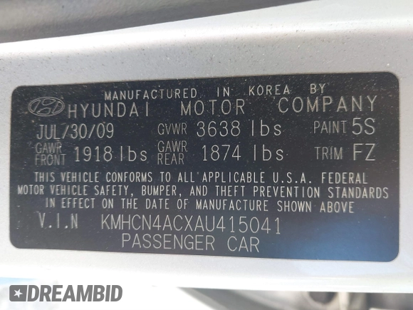 2010 Hyundai Accent GLS с VIN KMHCN4ACXAU415041, выставлен на аукционе IAAI как лот 41754699 с пробегом 180 502 миль миль и . История ставок и продаж доступна на DreamBid. Изображение 9.