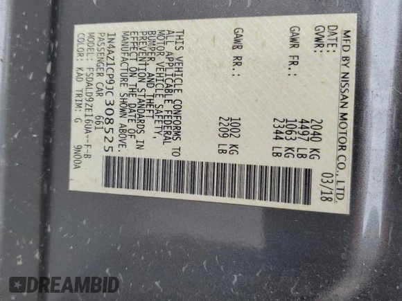 2018 Nissan LEAF SV with VIN 1N4AZ1CP9JC308525, listed as a Copart auction lot 54156725 with 4,596 mi miles and Salvage title. Bid and sale history available at DreamBid. Image 12.