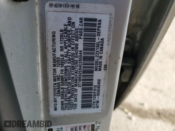 2004 Toyota Corolla CE with VIN 2T1BR32E84C265544, listed as a Copart auction lot 48715975 with 299,999 mi miles and Non Repairable. Bid and sale history available at DreamBid. Image 12.