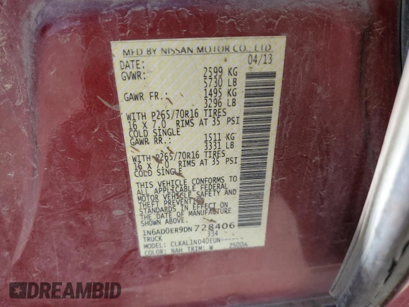 2013 Nissan Frontier Desert Runner with VIN 1N6AD0ER9DN728406, listed as a Copart auction lot 63020985 with Not provided miles and Salvage title. Bid and sale history available at DreamBid. Image 13.