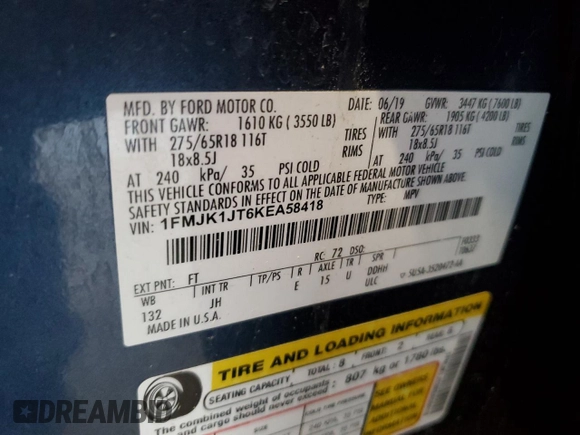 2019 Ford Expedition Max XLT with VIN 1FMJK1JT6KEA58418, listed as a Copart auction lot 50692185 with 105,267 mi miles and Salvage title. Bid and sale history available at DreamBid. Image 13.