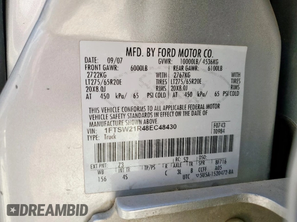 2008 Ford F-250 XL with VIN 1FTSW21R48EC48430, listed as a Copart auction lot 56991715 with 188,882 mi miles and Salvage title. Bid and sale history available at DreamBid. Image 12.