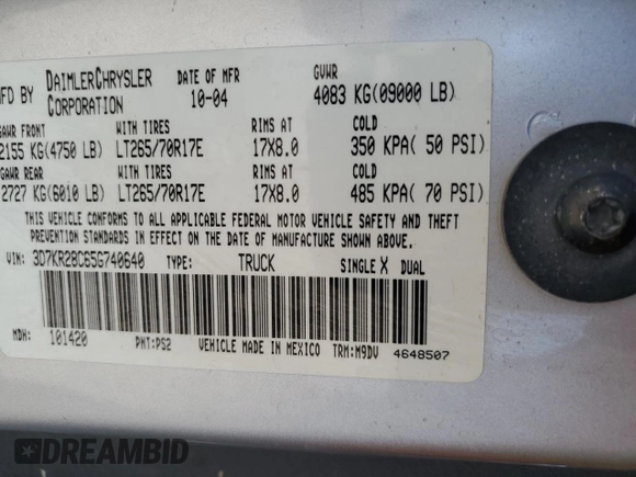 2005 Dodge 2500 ST z VIN 3D7KR28C65G740640, wystawiony jako Copart lot #55899875 z przebiegiem 334 290 mil mil oraz Szkoda całkowita • Salvage title. Historia ofert i sprzedaży dostępna na DreamBid. Obrazek 12.