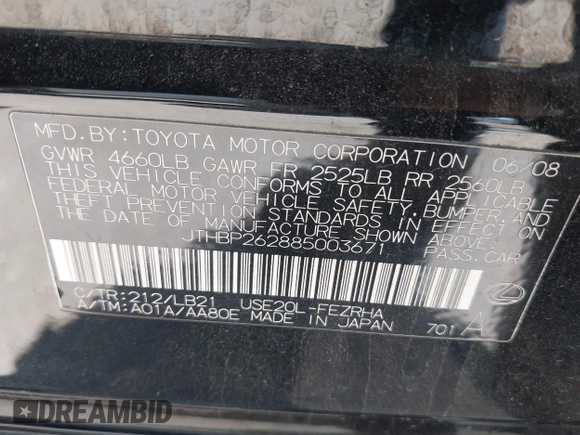 2008 Lexus IS F with VIN JTHBP262885003671, listed as a IAAI auction lot 42121545 with Not provided miles and . Bid and sale history available at DreamBid. Image 9.