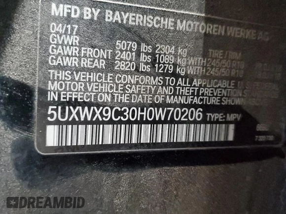 2017 BMW X3 xDrive28i with VIN 5UXWX9C30H0W70206, listed as a Copart auction lot 48616615 with 147,545 mi miles and Clean Title. Bid and sale history available at DreamBid. Image 13.