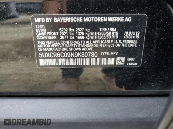 2022 BMW X5 xDrive40i z VIN 5UXCR6C09N9K80780, wystawiony jako Copart lot #59870825 z przebiegiem 50 347 mil mil oraz Szkoda całkowita • Salvage title. Historia ofert i sprzedaży dostępna na DreamBid. Obrazek 13.