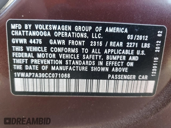 2012 Volkswagen Passat S с VIN 1VWAP7A30CC071068, выставлен на аукционе Copart как лот 62884925 с пробегом 121 858 миль миль и Чистый • Clean title. История ставок и продаж доступна на DreamBid. Изображение 12.